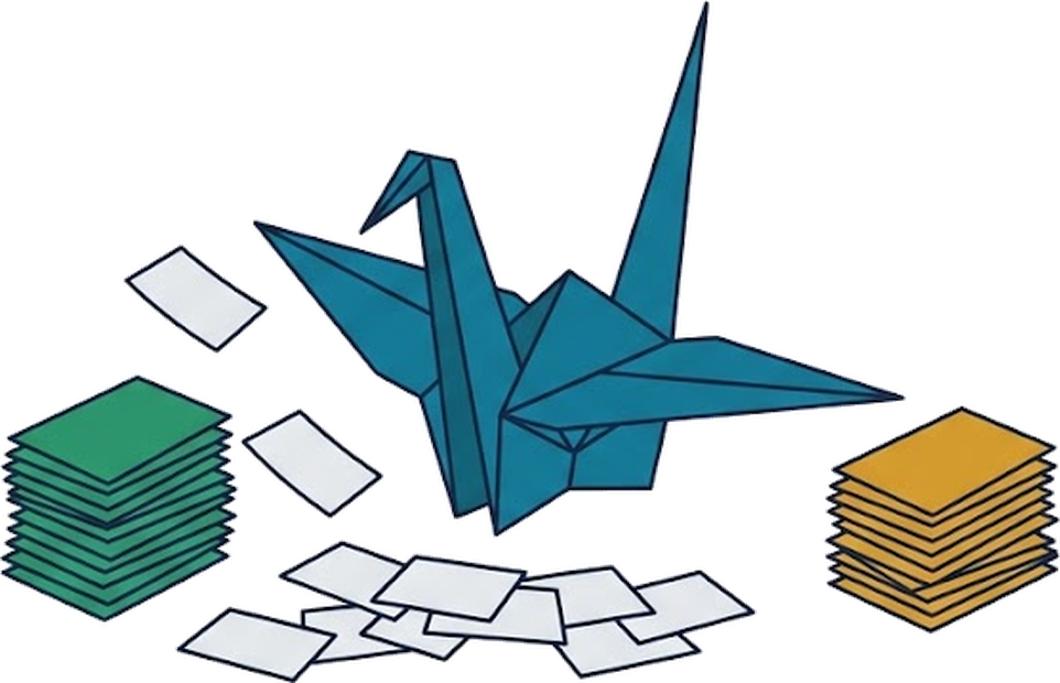 Una gru di origami smista un mucchio di carte in due pile distinte