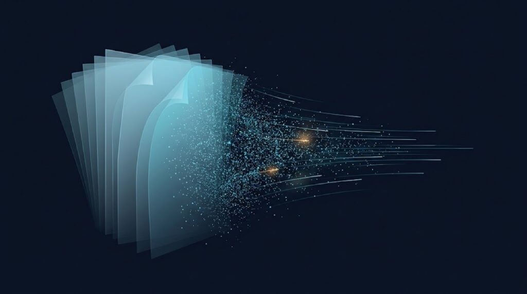Fogli di pratiche sovrapposti che si dissolvono verso destra in una scia di dati luminosi