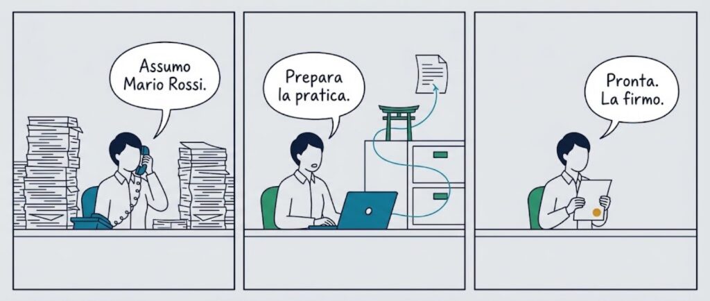 Strip in tre pannelli: il cliente al telefono dice Assumo Mario Rossi, il consulente chiede al sistema Prepara la pratica mentre un filo di dati passa per un piccolo torii, poi tiene il documento pronto e dice Pronta, la firmo