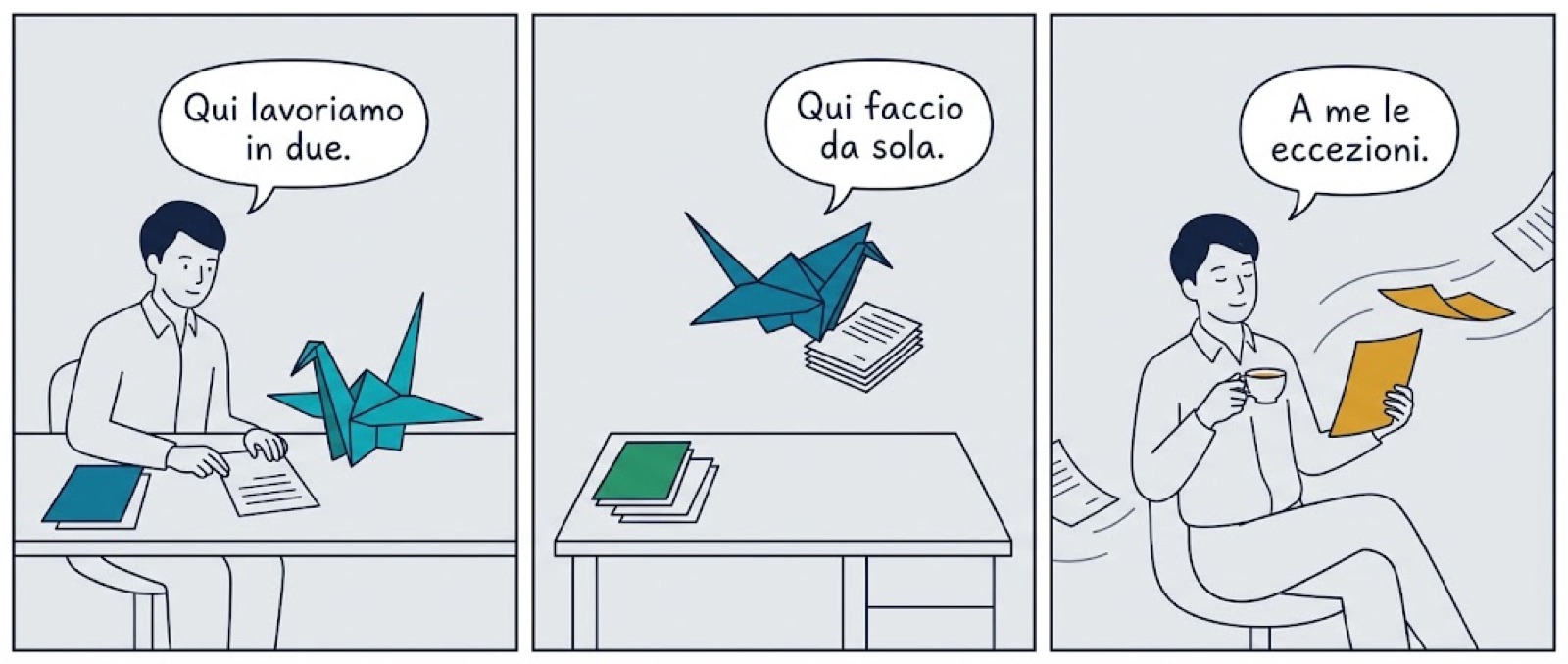 Strip in tre pannelli: il consulente e la gru lavorano insieme con Qui lavoriamo in due, la gru vola da sola con i documenti dicendo Qui faccio da sola, il consulente col tè tiene il solo documento ambra e dice A me le eccezioni
