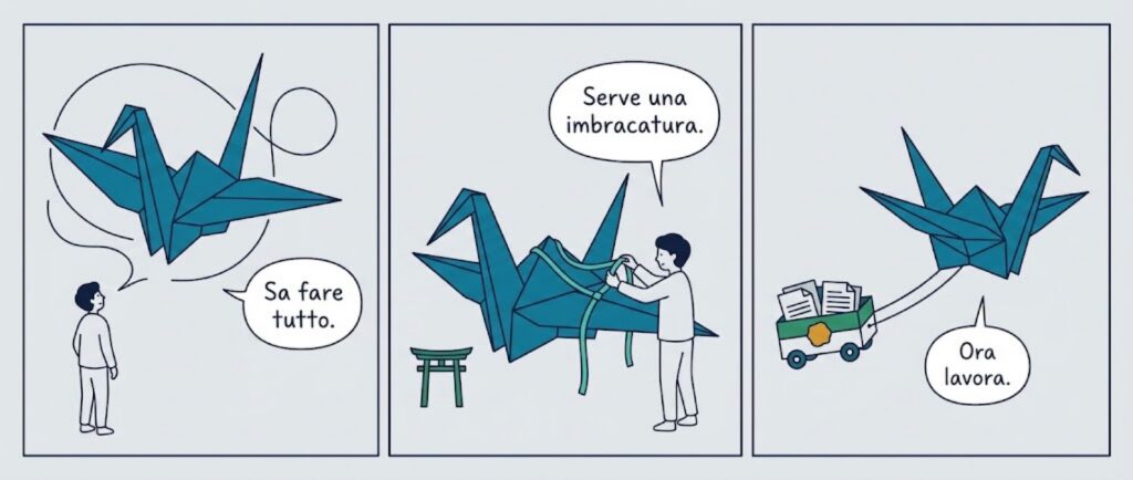 Strip in tre pannelli: una grande gru di origami vola in modo caotico mentre la persona dice Sa fare tutto, poi le viene allacciata un'imbracatura con Serve una imbracatura, infine vola dritta trainando documenti con Ora lavora