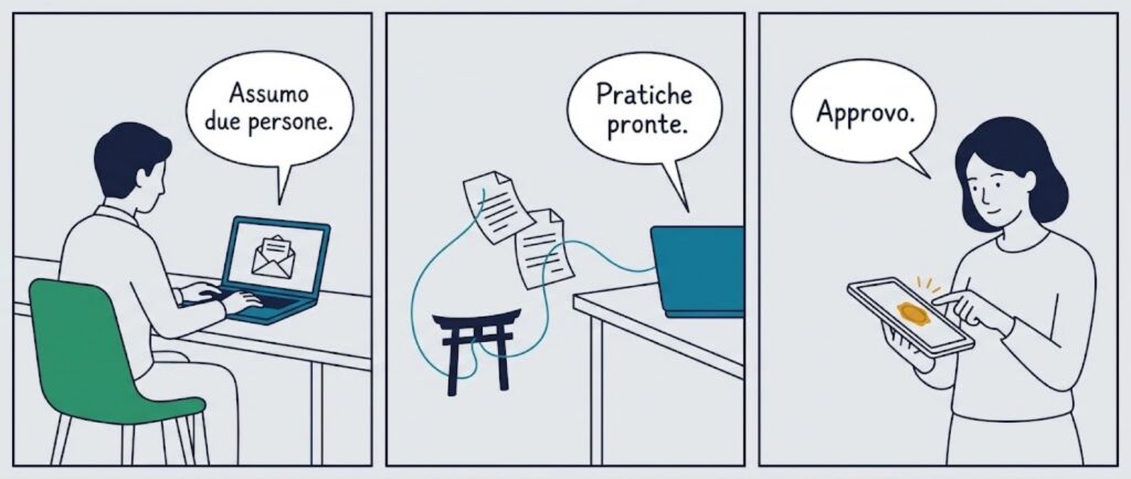 Strip in tre pannelli: il cliente scrive Assumo due persone, i documenti si compongono oltre un piccolo torii con Pratiche pronte, la dipendente tocca il tablet e dice Approvo