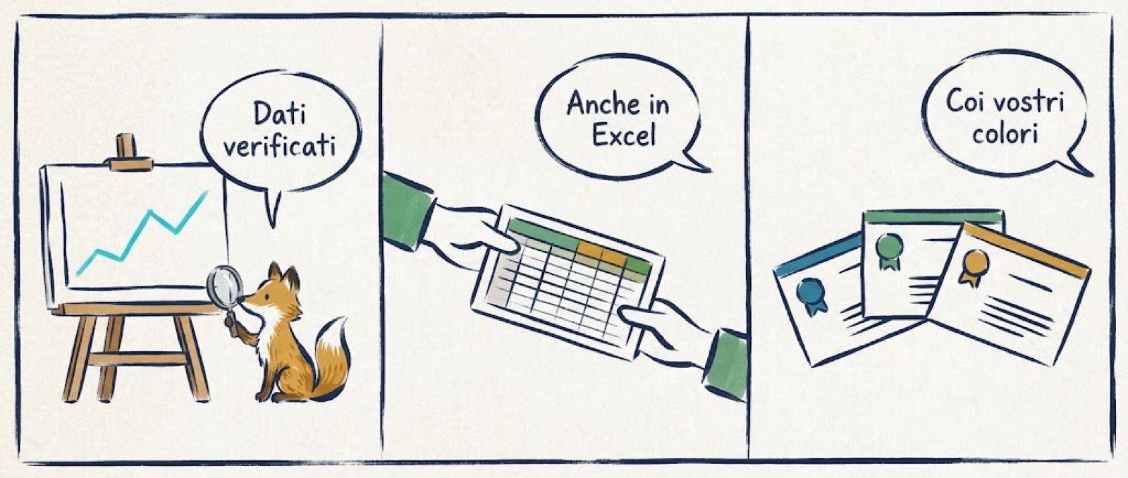 Strip in tre pannelli: una volpe con la lente dice Dati verificati davanti a un grafico, una mano passa un foglio di calcolo dicendo Anche in Excel, tre slide con badge colorati dicono Coi vostri colori